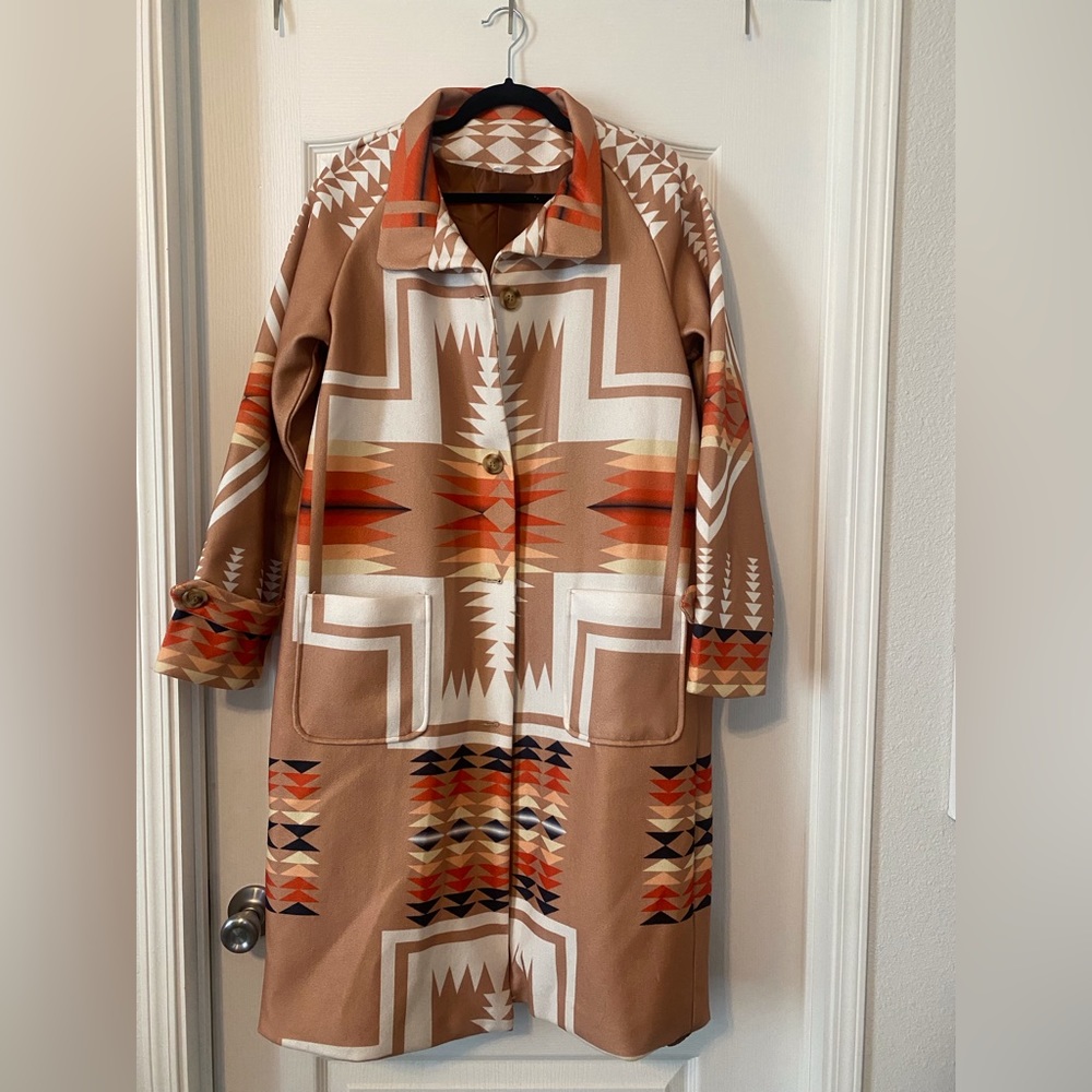 Aztec print wool blend trench coat. Size Large